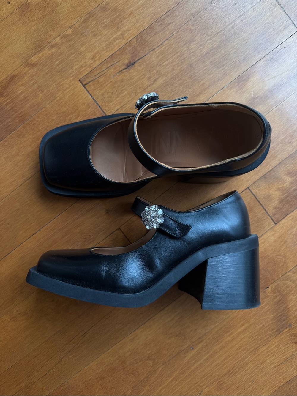Ganni Black Leather Mary Jane Block Heel Pumps with Crystal Buckle